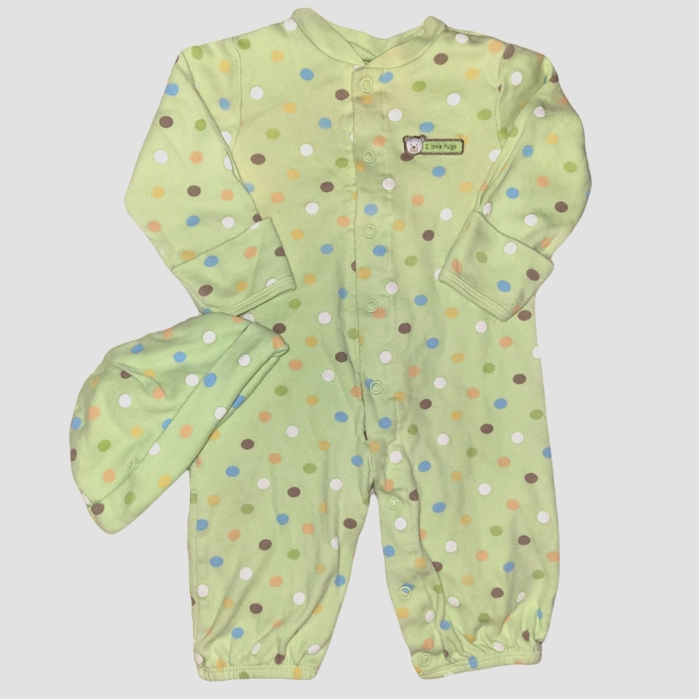 5/$25 Carter's Green Polka Dot Jumpsuit with Matching Hat Size 6m